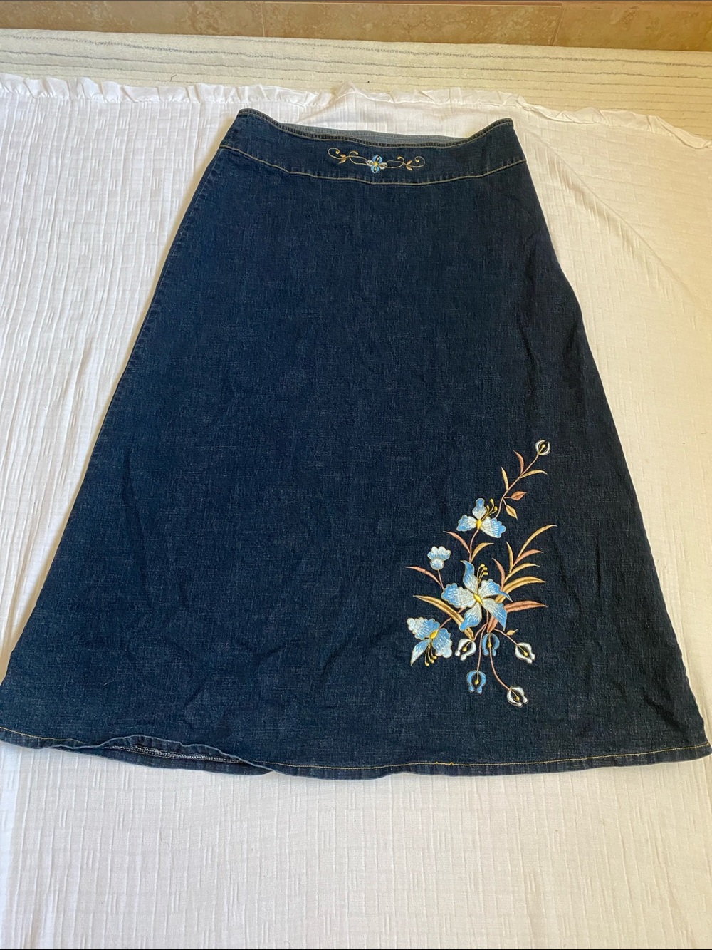 NC NEW CREATION 70% Cotton Embroidered Dark Blue Denim A-Line Skirt - Picture 2 of 8